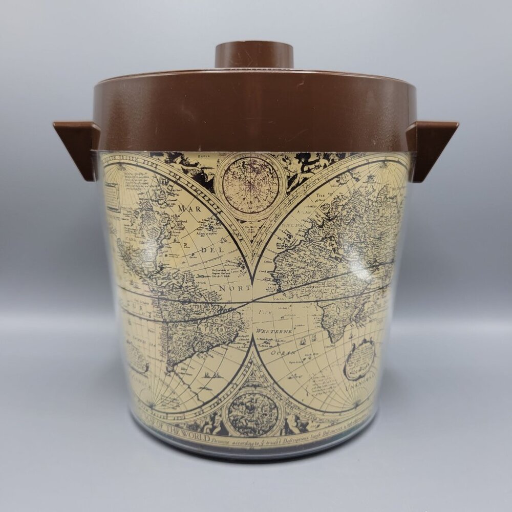 Vintage Thermo-Serv West Bend USA Brown Lid Ice Bucket With World Map Design